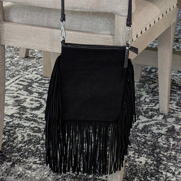 Black Suede Fringe Crossbody Bag - Picture 1 of 5